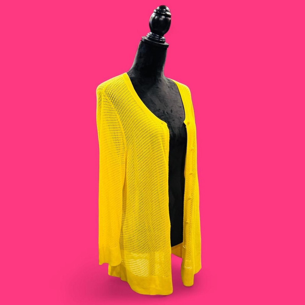 Bright Yellow 90s Retro Fairy Lightweight Button Pima Cotton Cardigan Talbots XL